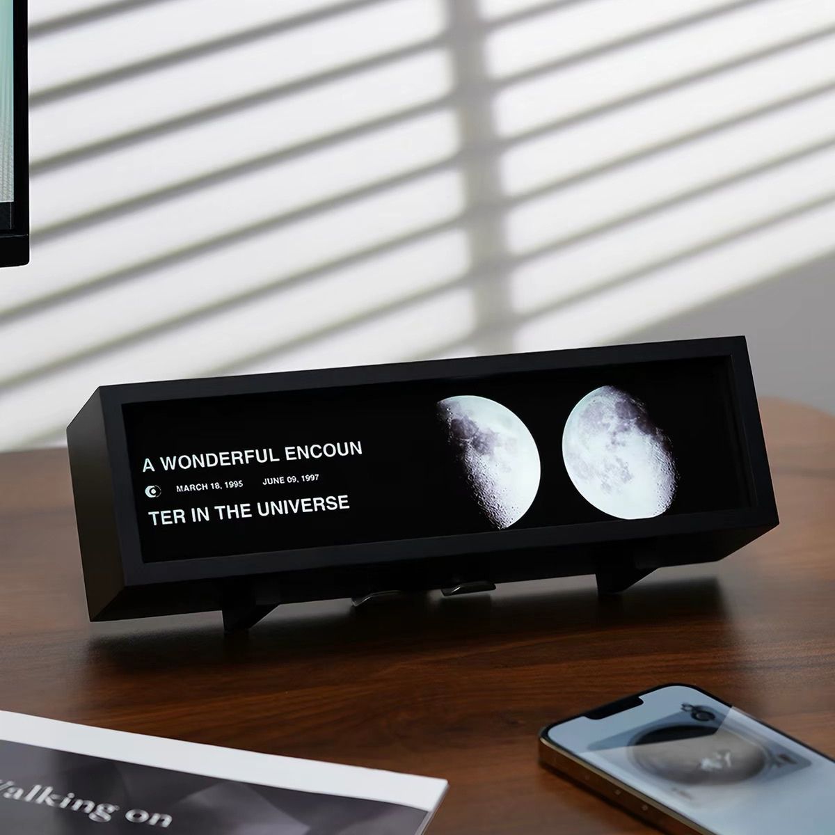 A Beautiful Encounter in the Universe — Personalized Moon Phase Desk Display