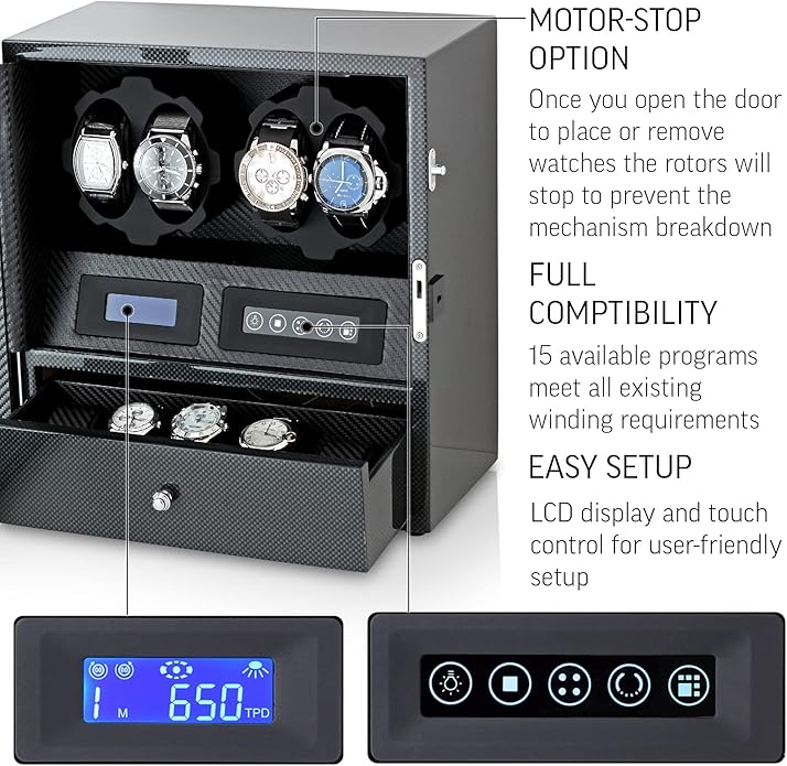4 watch winders with 5 watch memories, LCD display