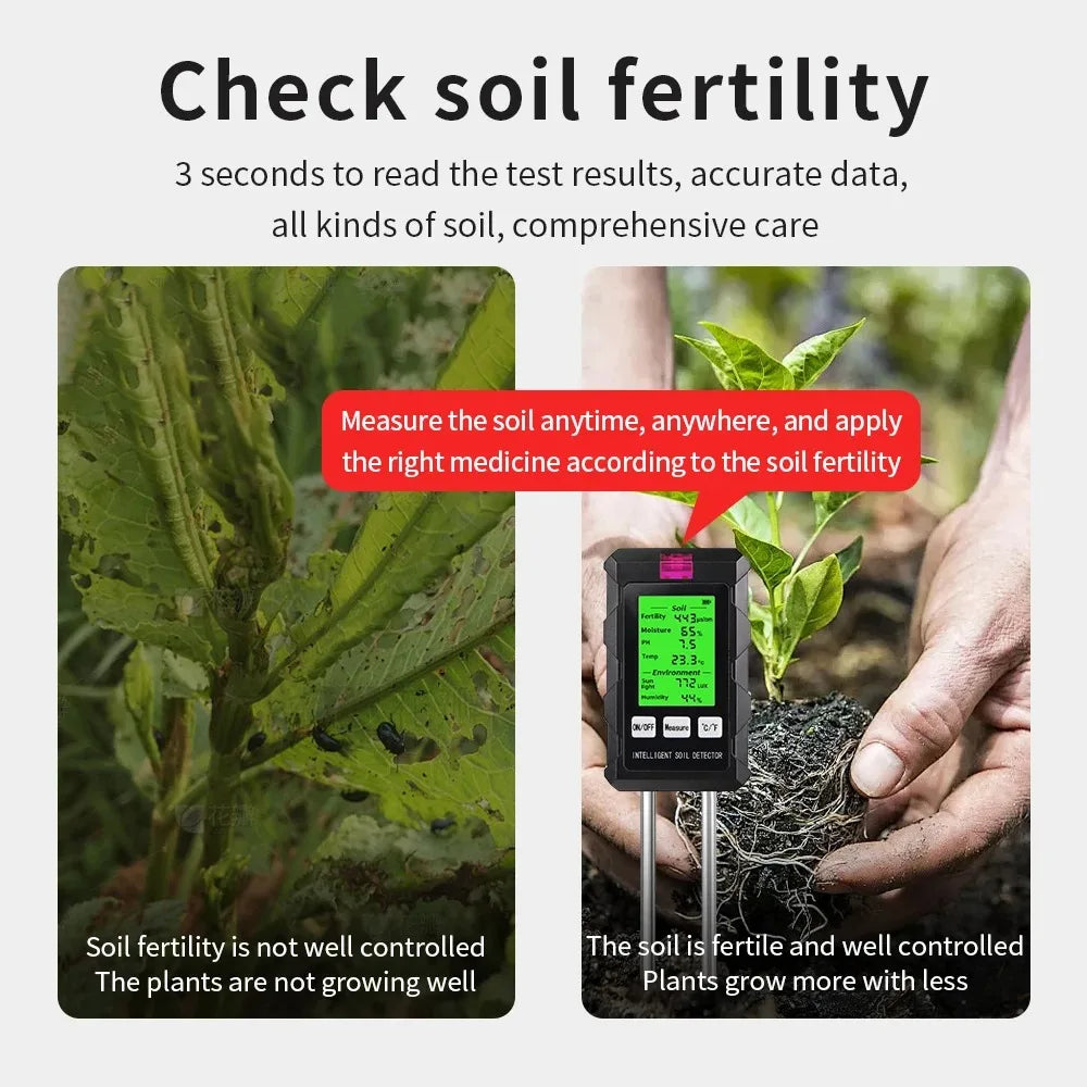 Digital 6 in 1 Soil PH Meter Fertility Soil Moisture Sunlight Ambient Humidity Temp Tester Monitor Detector Garden Soli Analyzer