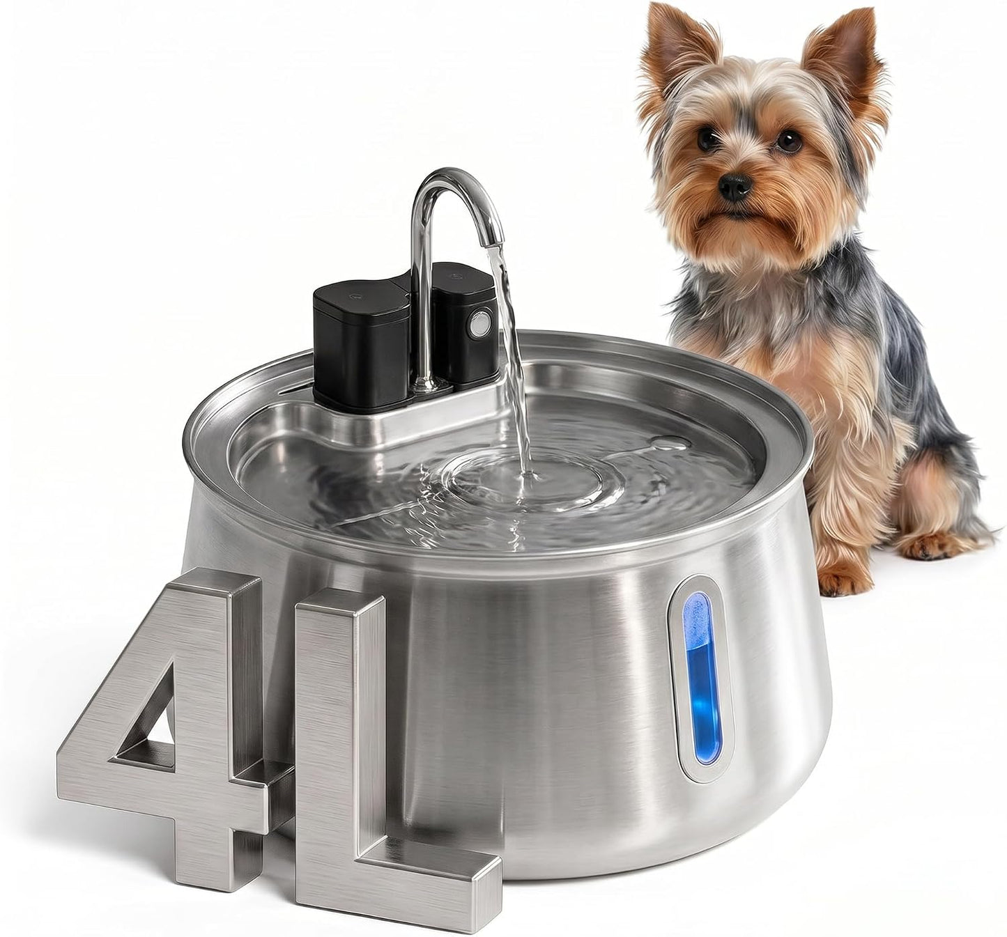 Wireless Doggy Fountain, 4L (1.1 Gal) Cordless Dog Water Fountain for Dogs Inside, Stainless Steel Pet Fountain, 4-Layer Filtration, 30-Day Battery