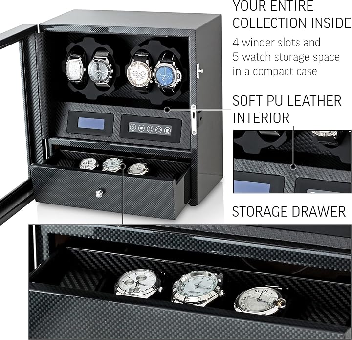 4 watch winders with 5 watch memories, LCD display