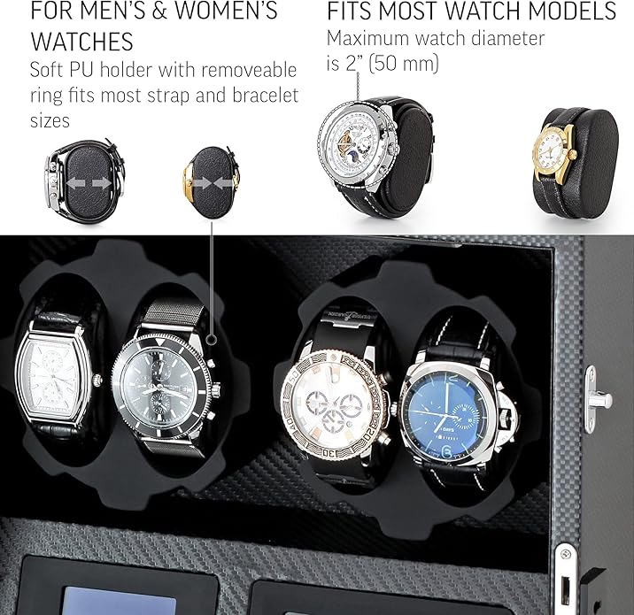 4 watch winders with 5 watch memories, LCD display