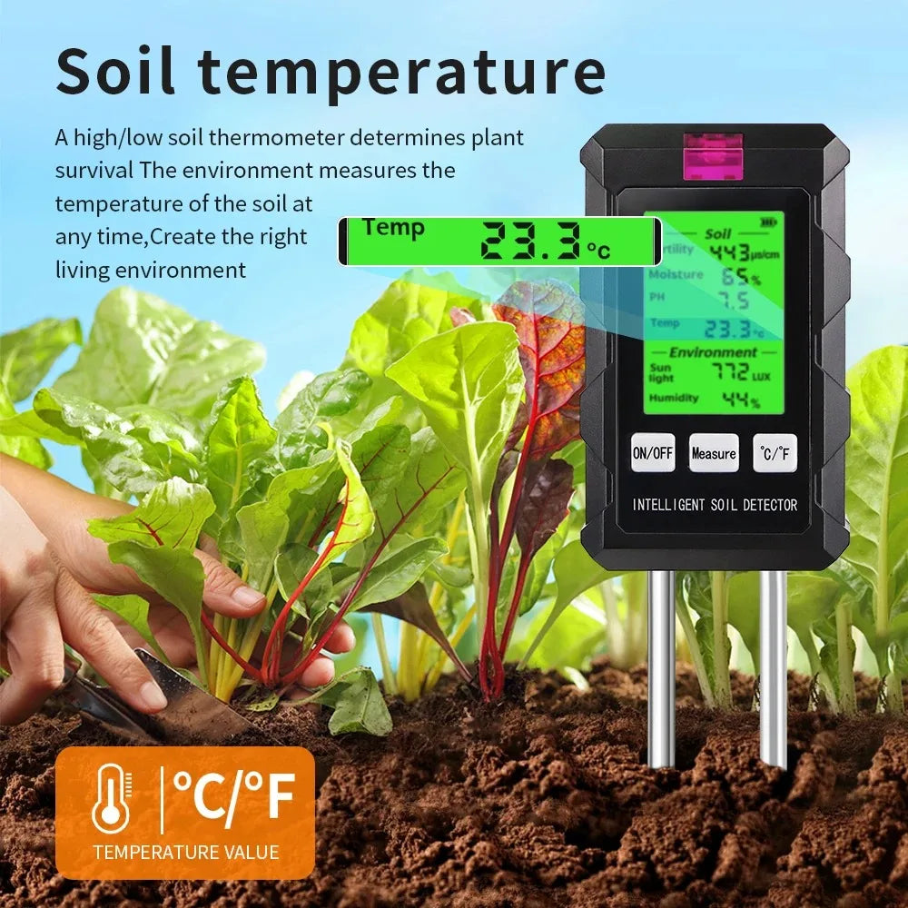 Digital 6 in 1 Soil PH Meter Fertility Soil Moisture Sunlight Ambient Humidity Temp Tester Monitor Detector Garden Soli Analyzer