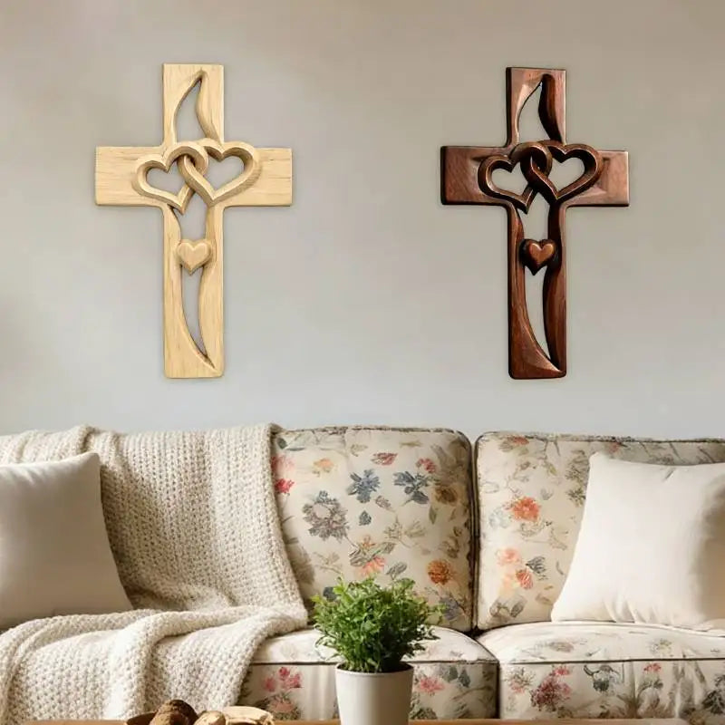 Handcarved Wood Cross with Intertwined Hearts Handmade Wooden Wall Cross Hand Made  Art Decor Grift for Wedding Valentine's Day