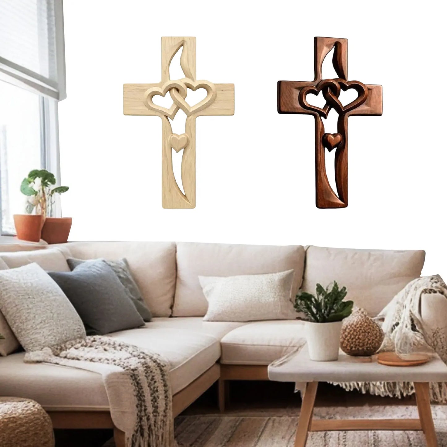 Handcarved Wood Cross with Intertwined Hearts Handmade Wooden Wall Cross Hand Made  Art Decor Grift for Wedding Valentine's Day
