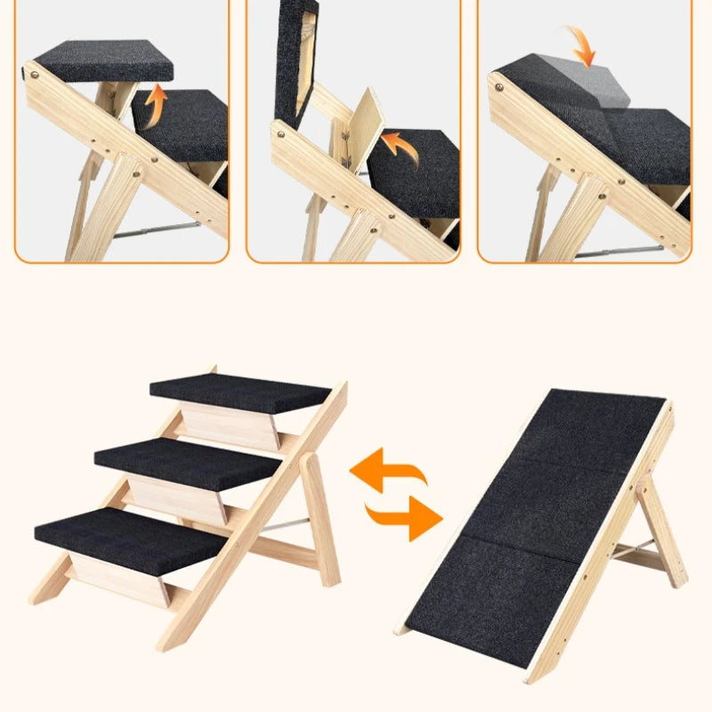 Foldable Wooden Dog Stairs – Portable Indoor Pet Ramp & Ladder for Small Dogs, Sofa & Car Access