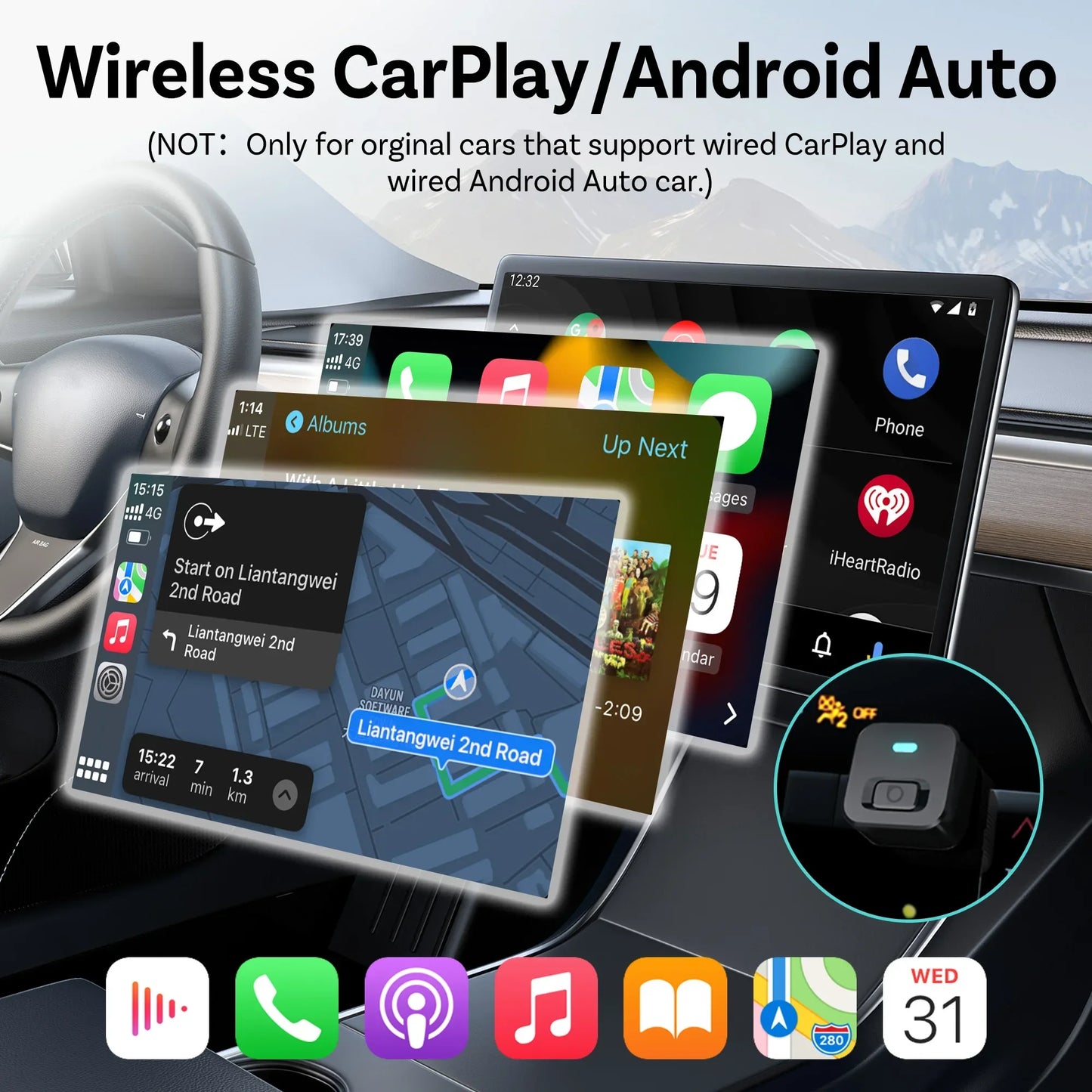OTTOCAST Mini Dot Cube Wireless CarPlay Android Auto Adapter 2 in 1 USB AI Car Accessories for Totoya VW Benz Chevrolet Hyundai