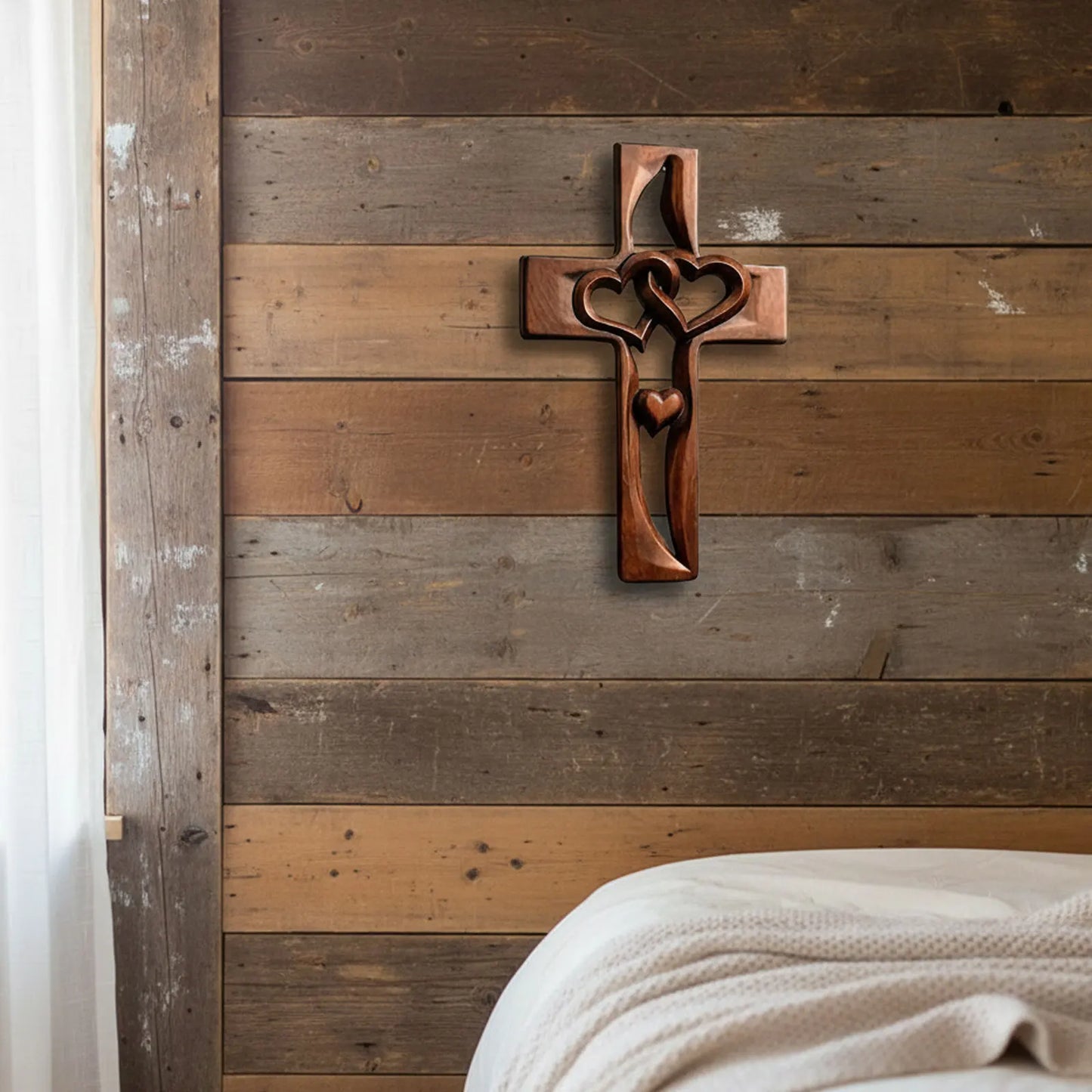 Handcarved Wood Cross with Intertwined Hearts Handmade Wooden Wall Cross Hand Made  Art Decor Grift for Wedding Valentine's Day