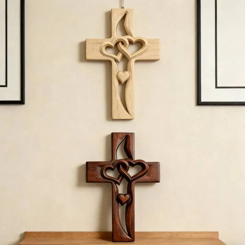 Handcarved Wood Cross with Intertwined Hearts Handmade Wooden Wall Cross Hand Made  Art Decor Grift for Wedding Valentine's Day