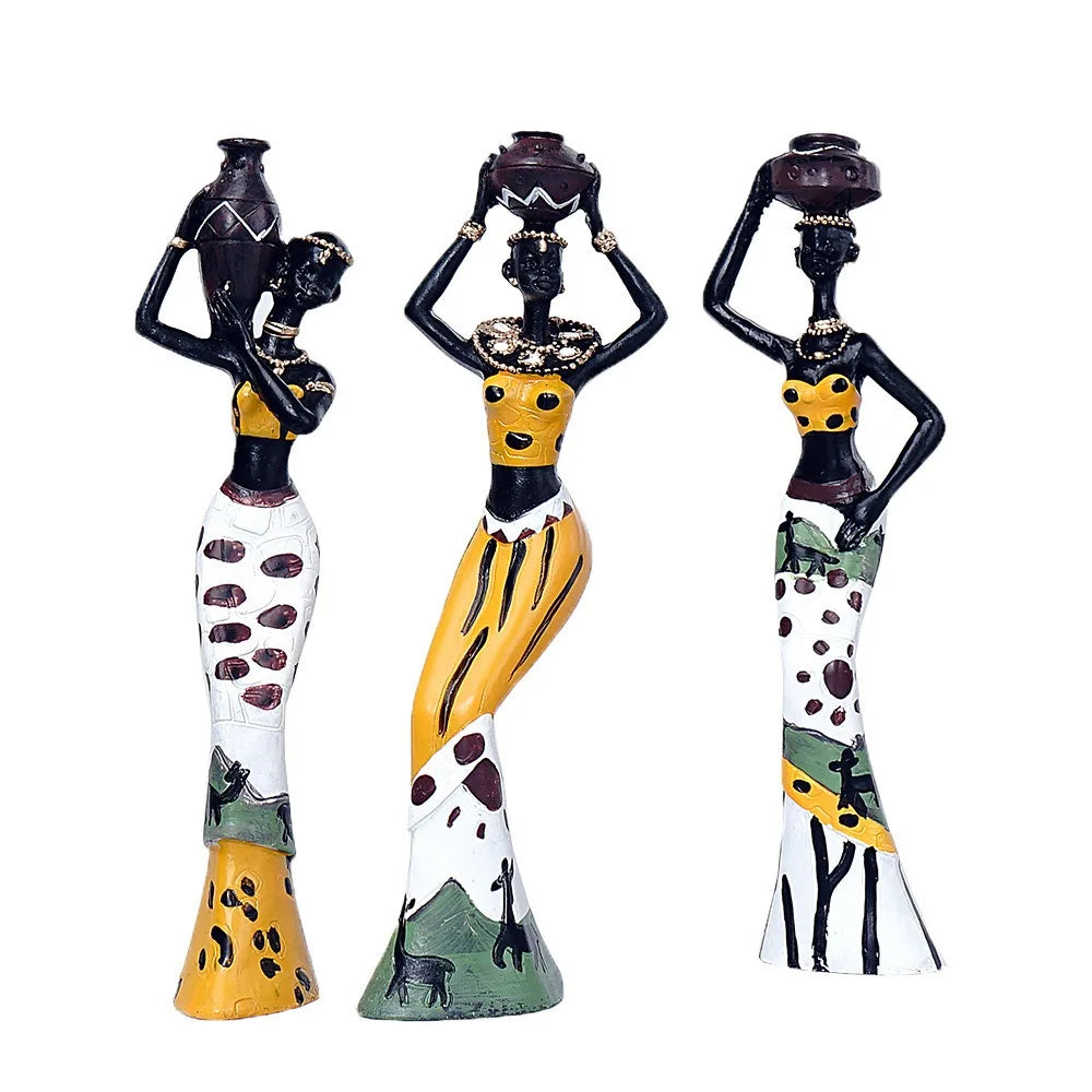 3pcs Handicraft African Woman Sculpture Simulated Figurines Abstract Tribal Lady Statue Crafts Collectible