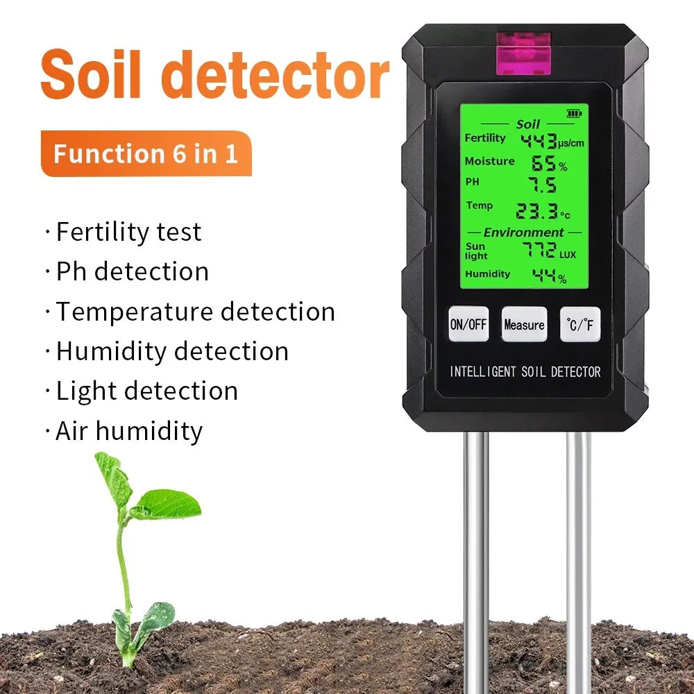 Digital 6 in 1 Soil PH Meter Fertility Soil Moisture Sunlight Ambient Humidity Temp Tester Monitor Detector Garden Soli Analyzer