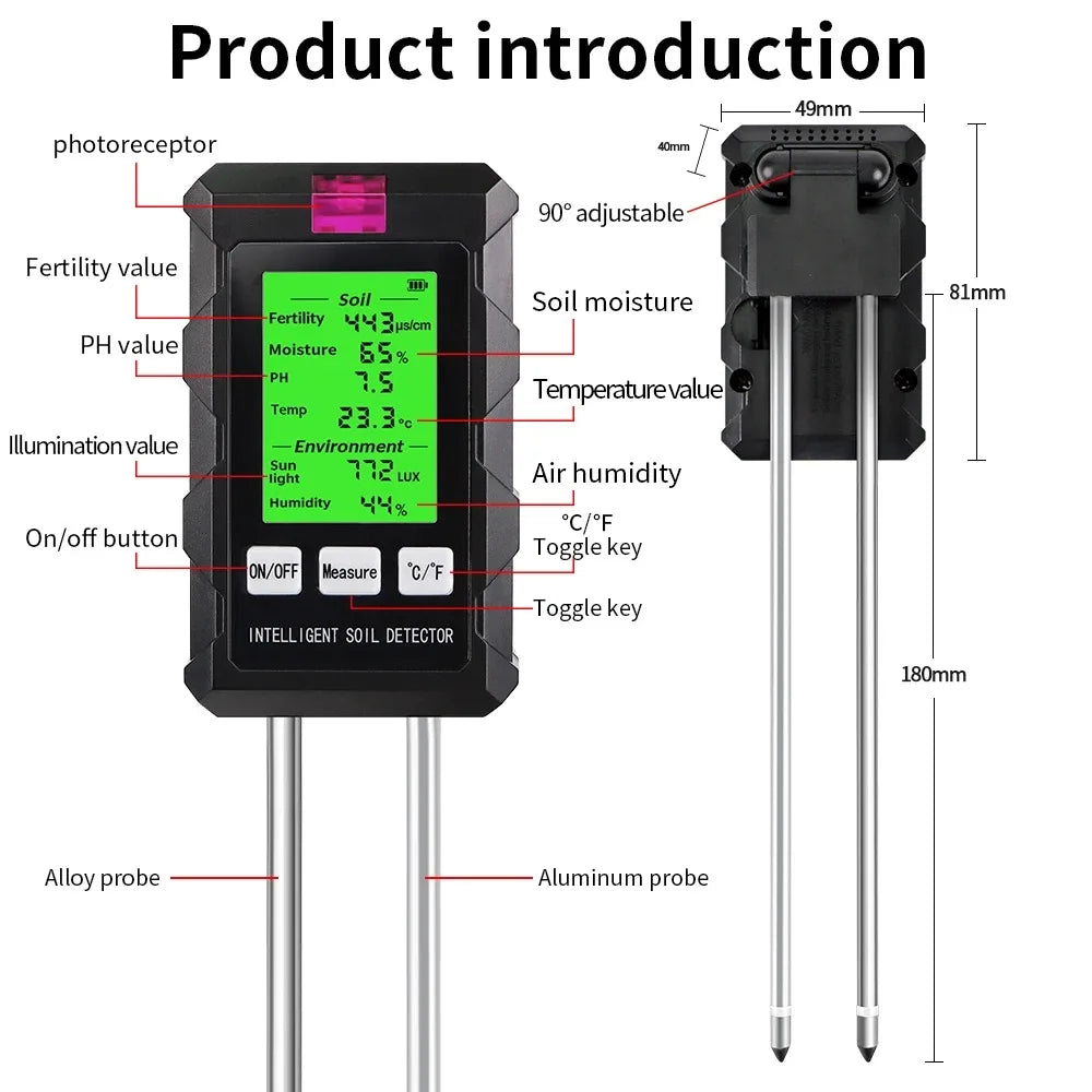 Digital 6 in 1 Soil PH Meter Fertility Soil Moisture Sunlight Ambient Humidity Temp Tester Monitor Detector Garden Soli Analyzer