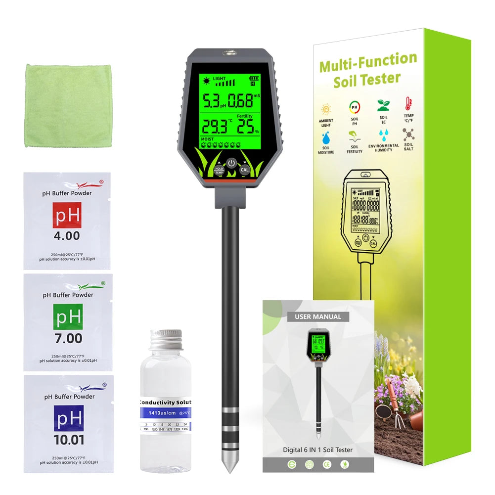Digital 6 in 1 Multifunctional Soil PH EC Meter Farm Garden Fertility Moisture Test Detector Sunlight Monitor for Flower Plants