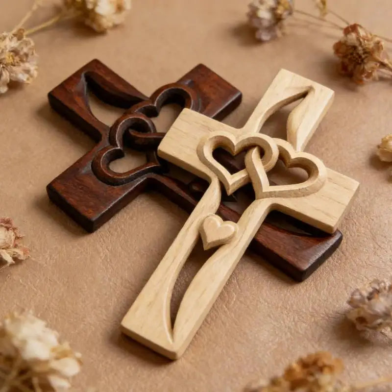 Handcarved Wood Cross with Intertwined Hearts Handmade Wooden Wall Cross Hand Made  Art Decor Grift for Wedding Valentine's Day