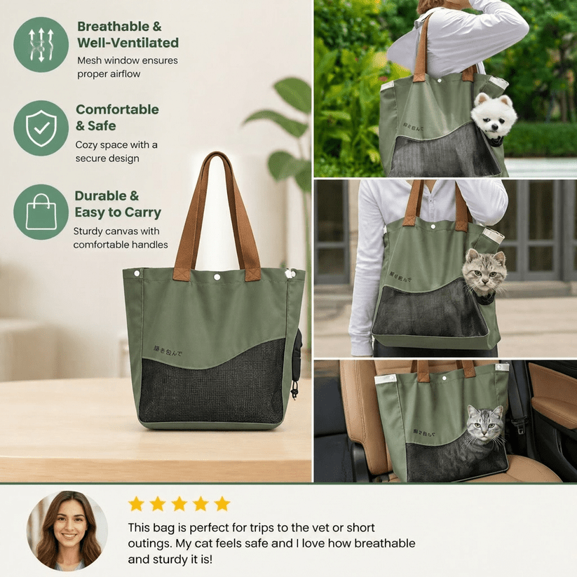 Breathable Canvas Cat Carrier Tote Bag with Mesh Window