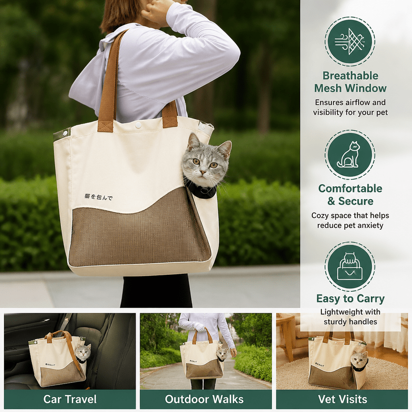 Breathable Canvas Cat Carrier Tote Bag with Mesh Window