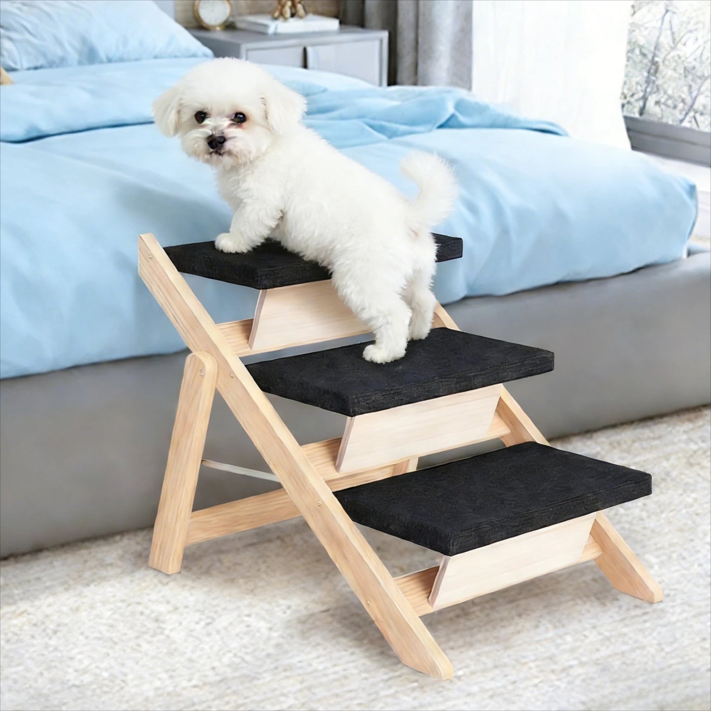 Foldable Wooden Dog Stairs – Portable Indoor Pet Ramp & Ladder for Small Dogs, Sofa & Car Access