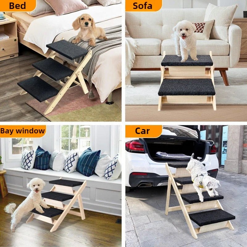 Foldable Wooden Dog Stairs – Portable Indoor Pet Ramp & Ladder for Small Dogs, Sofa & Car Access
