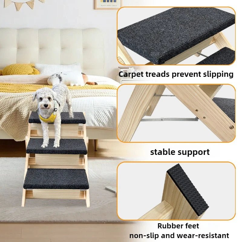 Foldable Wooden Dog Stairs – Portable Indoor Pet Ramp & Ladder for Small Dogs, Sofa & Car Access
