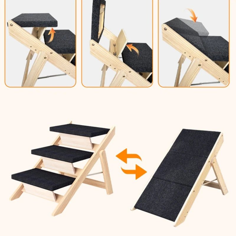 Foldable Wooden Dog Stairs – Portable Indoor Pet Ramp & Ladder for Small Dogs, Sofa & Car Access