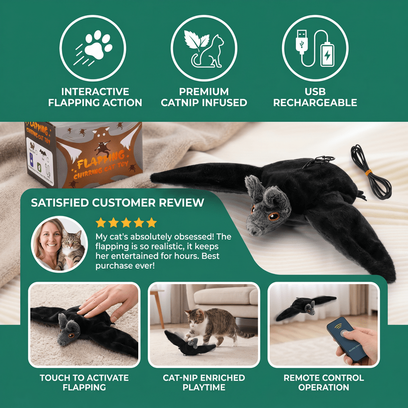 Touch—Activated Flapping Bat Cat Toy with Catnip