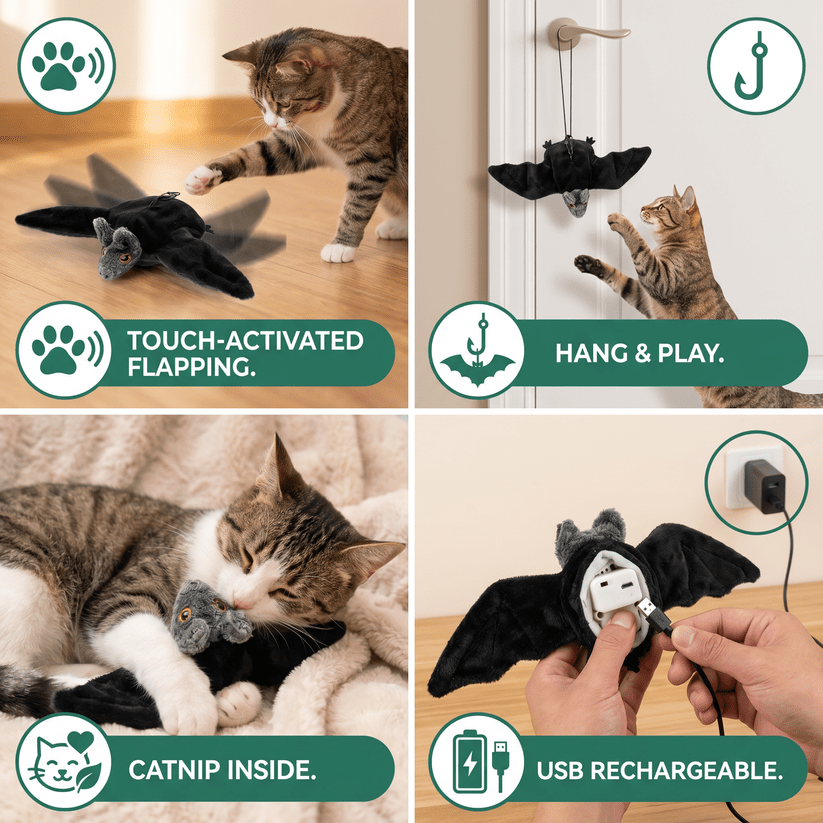 Touch—Activated Flapping Bat Cat Toy with Catnip