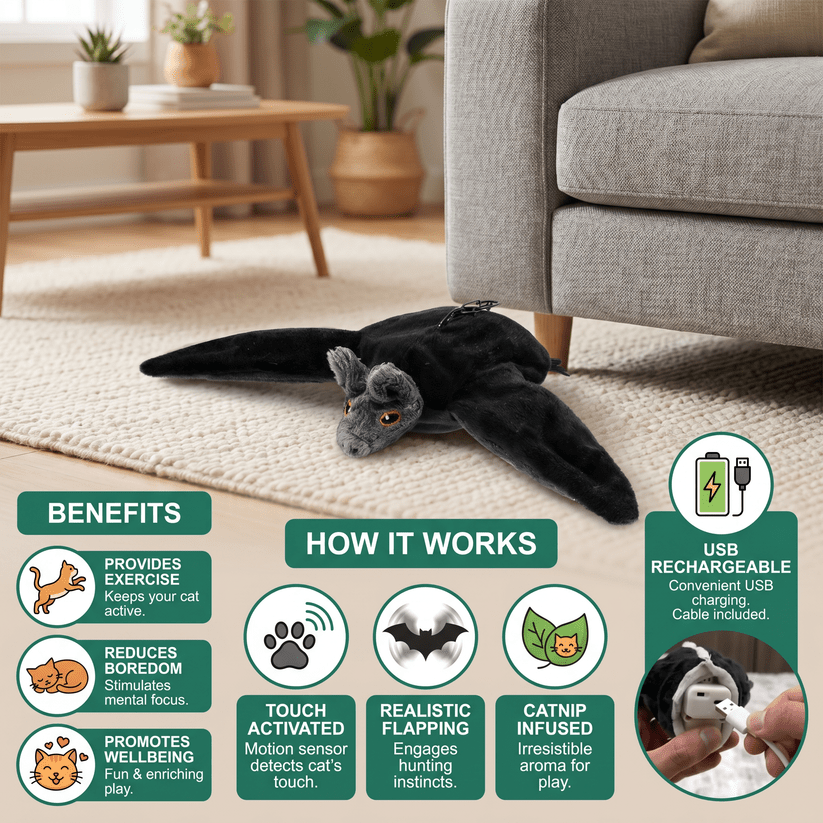 Touch—Activated Flapping Bat Cat Toy with Catnip